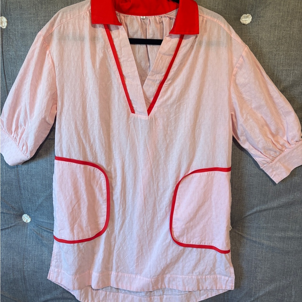 Retro Pink Swiss Dot Tunic XS Red Trim Mod 60s Style Pocket Top NWOT